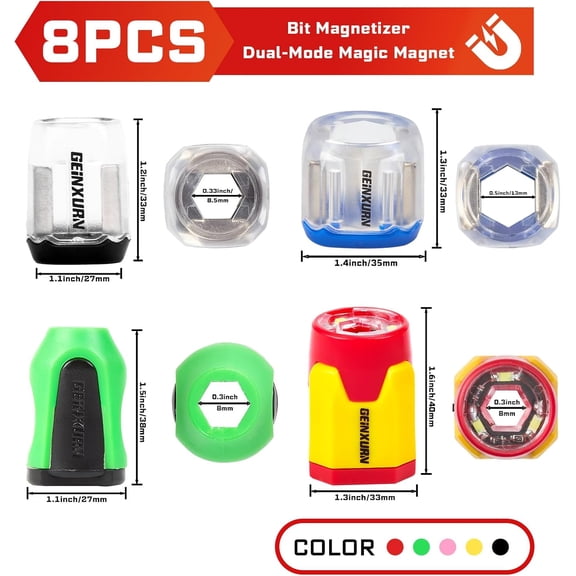 YILOSF-8Pieces Mixed Magnetic Screw Holder Rings Set, Removable Magnetizer Rings for 1/4 Inch Hex Bits, Compatible with Screwdrivers, Power Drills and Hex Wrenches (Green,Blue,Black,Yellow)
