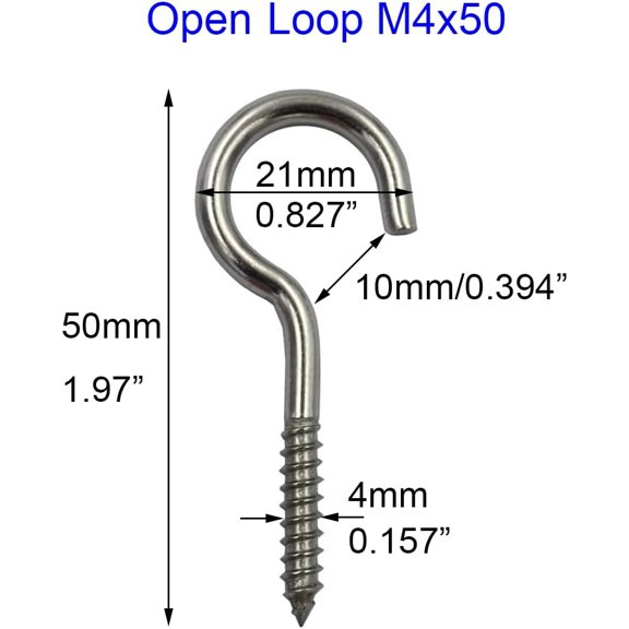 YILOSF-8pcs 0.157-1.97 Inch 304 Stainless Steel Screw-in Hooks Eye Bolt Ceiling Hook Tapping Screw Hanger (Open Loop M4x50)