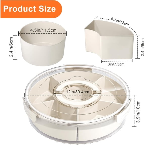 YILOSF-Divided Serving Tray with Lid and Handle, Portable Snackle Box Container for Fruits Snacks Charcuterie Organizer, Spinning Rounded Veggie Tray for Kitchen, Party, Travel and Picnic