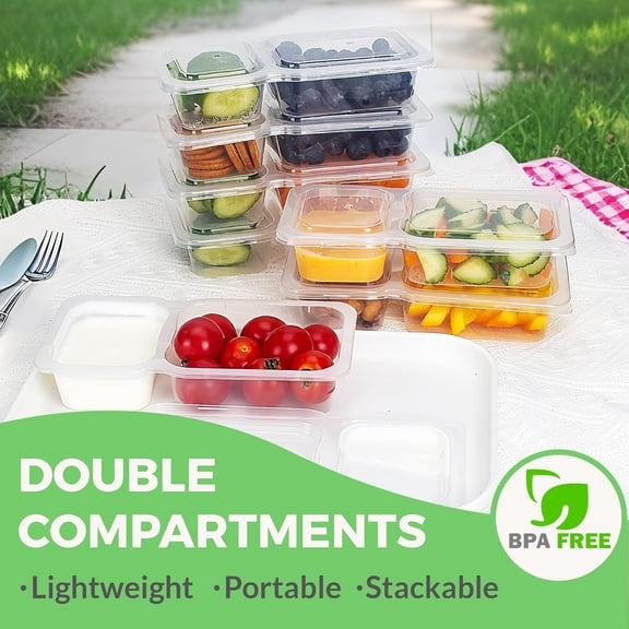 YILOSF-Reusable Snack Containers with Lids, 9 oz Double Compartment Plastic Snack Pack Containers Portion Control Meal Prep Snack Boxes BPA Free 20 Sets for Work Travel School