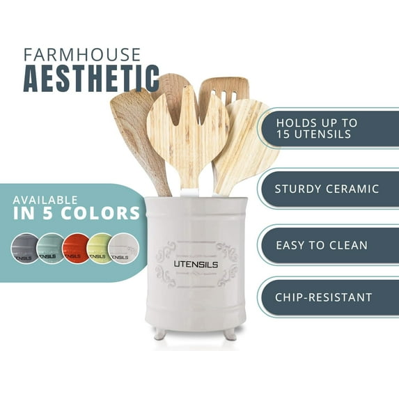 YILOSF-White Ceramic Utensil Holder – Vintage Style Kitchen Caddy – Shabby Chic Countertop Organizer – Rustic French Country Crock for Cooking Enthusiasts