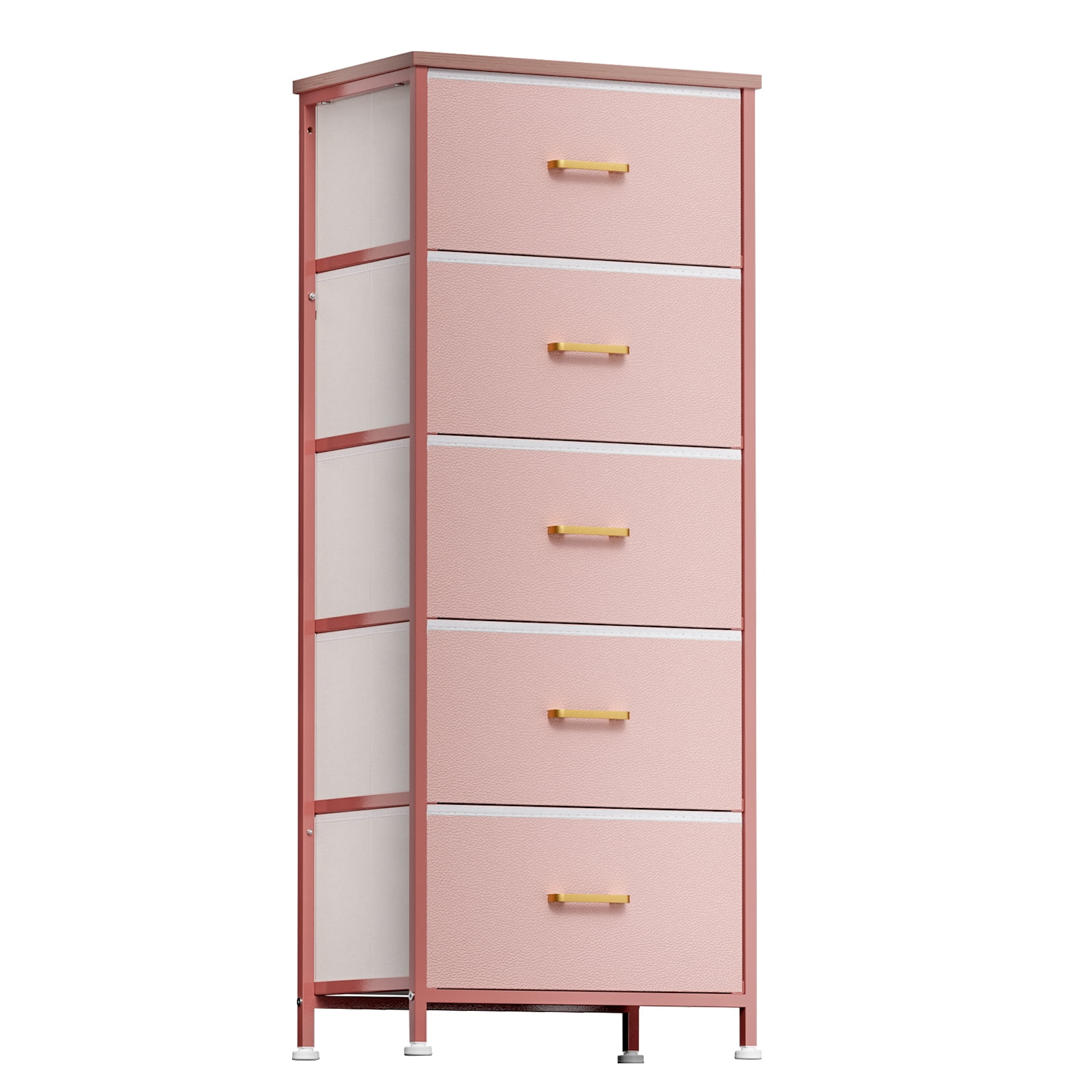 YILQQPER Cute Soft Fabric 5-Drawer Dresser, Tall Bedroom Storage with Steel Frame & Wooden Top ...