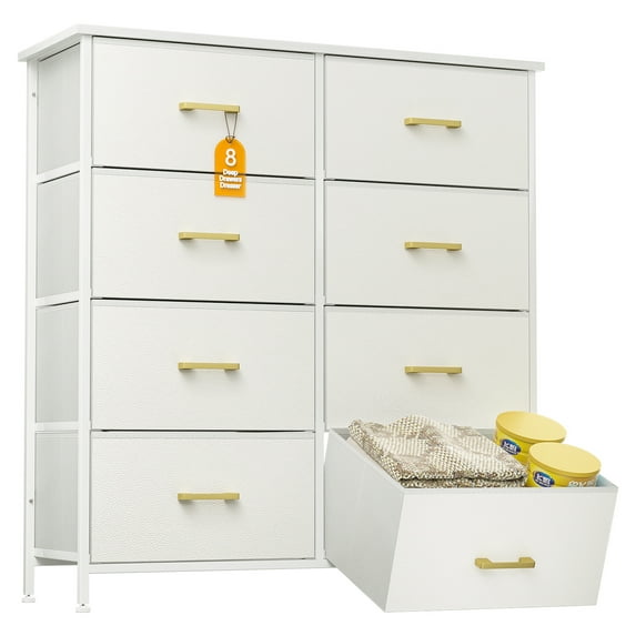 YILQQPER Dresser for Bedroom with 8 Drawer, Wood White Dressers & Chests of Drawers for Living Room, Storage Organizer Unit with Fabric, Sturdy Metal Frame, Wood Tabletop
