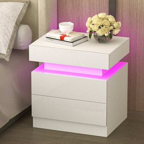 YILQQPER Nightstand with LED 2 Drawers and 1 Flapping Top Storage Box for Bedroom, White Wood Beside Table