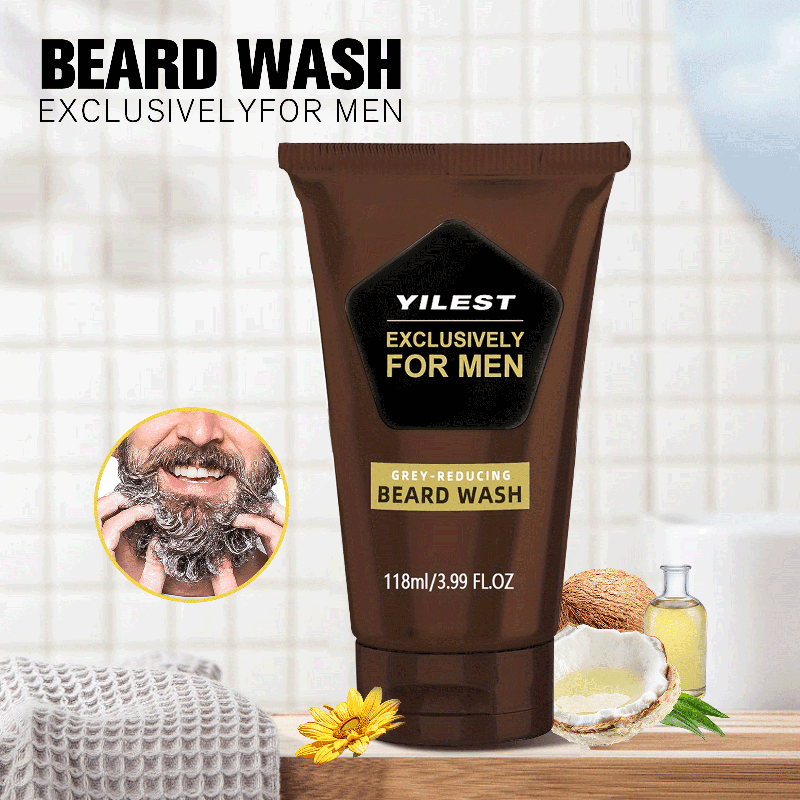 YILSET Just For Men Control GX Grey Reducing Beard Wash Shampoo with Keratin, Gradually Colors Mustache and Beard, Leaves Facial Hair Thicker Softer and Fuller, 4 Fl Oz - Pack of 1
