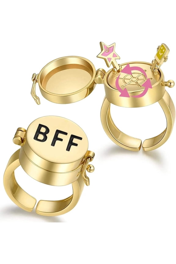 YILUOCD 2 Pcs Gold Color Spinner BFF Matching Rings Best Friend Open Rotate Ring Forever Friendship Cute Cartoon Anime Jewelry