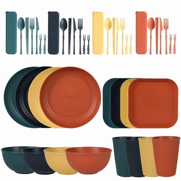 YILUSH 44-Piece Premium Wheat Straw Dinnerware Sets, Service for 8, Unbreakable Plates and Bowls Set - Cups Sets, Dinner Plates, Bowls for Kitchen,Dishwasher and Microwave Safe Dishes Set - Multi
