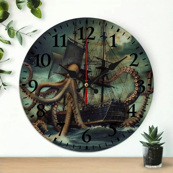 YILUYINQING 10 Inch Octopus Ship Ocean Theme Wooden Wall Clock 10x10in