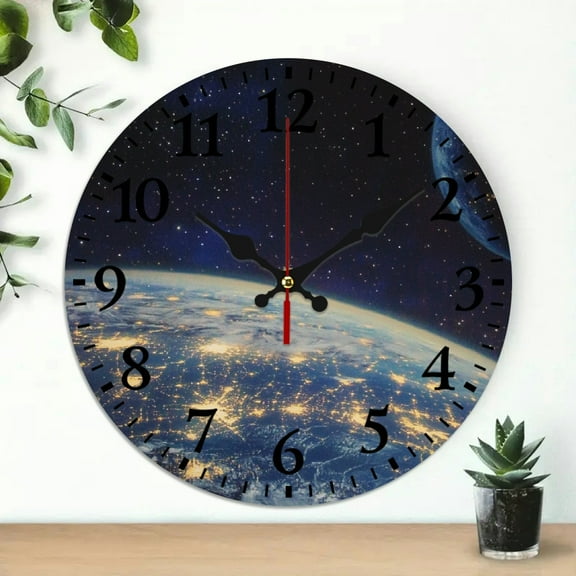YILUYINQING 10 Inch Round Wooden Wall Clock for Home Decor, Earth, Space, Cities Print, Wall Decor for Living Room - Ideal for Decorating Living Rooms, Kitchens, Dorms 10x10in