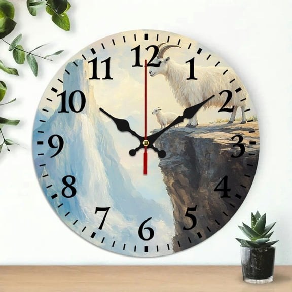 YILUYINQING 10 Inch Round Wooden Wall Clock, Mountain Goat Sheep Cliff Print, Battery Operated Wall Decor for Living Room and Kitchen 10x10in