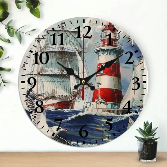 YILUYINQING 10 Inch Round Wooden Wall Clock Ship Seagull Lighthouse Print Battery Operated - Ideal for Home Decor in Living Rooms, Kitchens, Dorms 10x10in