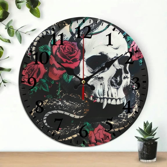 YILUYINQING 10 Inch Skull Snake Roses Theme Wooden Wall Clock 10x10in