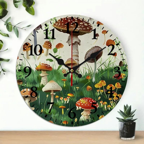 YILUYINQING 10 Inch Wall Clock, Mushrooms Grass Print, Battery Operated, Wall Hanging Decor for Living Rooms, Kitchens, Dorms 10x10in
