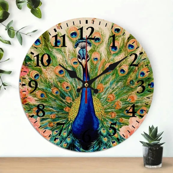 YILUYINQING 10 Inch Wall Clock Peacock Flowers Feathers Print Wall Art Decor Wall Hanging Decor - Ideal for Living Rooms, Kitchens, Dorms, Everyday Gifts 10x10in