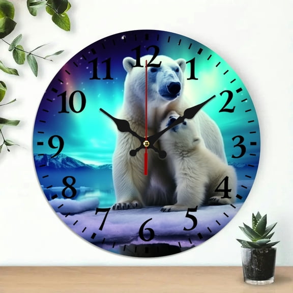 YILUYINQING 10-Inch Wall Clock Polar Bear Cub Aurora Lights Print Wall Decor for Living Room - Ideal for Home Decor and Everyday Gifts 10x10in