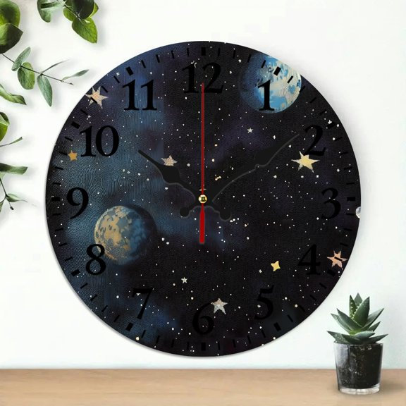 YILUYINQING 10 Inch Wall Clock Stars Planets Blue Moon Print Wall Decor for Living Room Battery Operated - Perfect for Home Decor and Everyday Gifts 10x10in