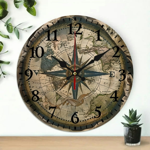 YILUYINQING 10 Inch Wooden Wall Clock Compass Map Symbolism Art 10x10in