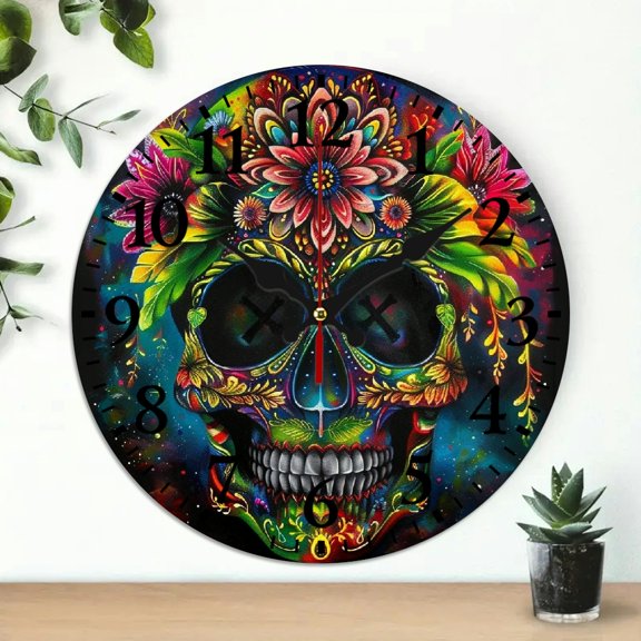 YILUYINQING 10 Inch Wooden Wall Clock with Skull Flower Crown Print - Wall Decor for Living Room, Kitchen, Dorms - Practical Everyday Gift 10x10in