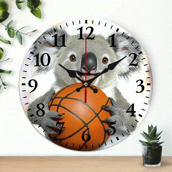 YILUYINQING 1pc Koala Basketball Smiling Theme Wooden Wall Clock, 10 Inch Round for Home Decor 10x10in