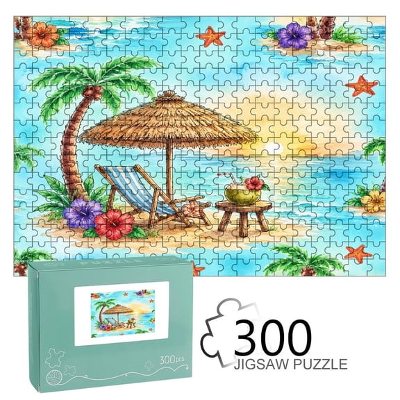 YILUYINQING Beach Lounge Sunset Scene Wooden Jigsaw Puzzle, HD Printed Art Puzzle, Interactive Family Game, Wall Decor for Bedroom Living Room, Educational, Fun Gift for Adults and Family