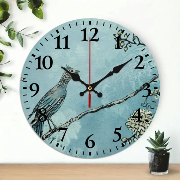 YILUYINQING Bird Branch Sky Theme Round Wooden Wall Clock 10 Inch Perfect for Living Rooms, Kitchens, Dorms 10x10in