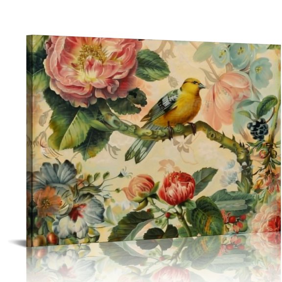 YILUYINQING Bird Flowers Table Canvas Print Wall Decorations, Ready To Hang Room Home Art Decor 16x12in