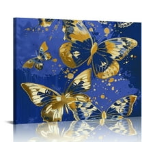 YILUYINQING Butterflies Blue Gold Art Modern Canvas Prints Wall Decor, Ready To Hang Home Room Art Decor 16x12in