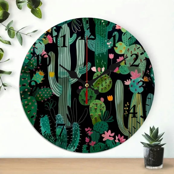 YILUYINQING Cactus Flowers Leaves Wooden Wall Clock, Silent Mechanical Movement, Ideal for Living Rooms, Kitchens, Dorms, 10-Inch Screen 10x10in