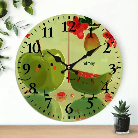 YILUYINQING Cartoon Apple Wooden Wall Clock - 10 Inch Silent Decor 10x10in