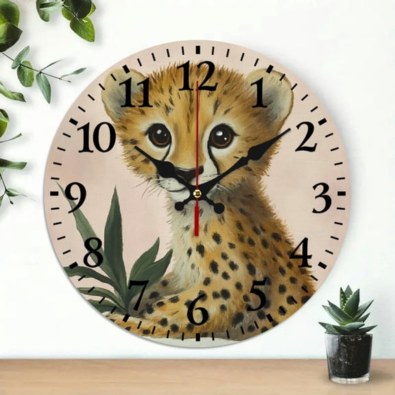 YILUYINQING Cheetah Baby Plant Wall Clock Battery Operated 10 Inches Screen Perfect for Living Rooms, Kitchens, Dorms 10x10in