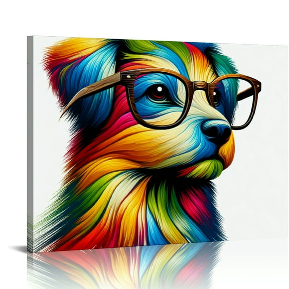 YILUYINQING Colorful Dog with Glasses Wall Decor Canvas Prints Art for Home Office Decor, Ready to Hang Room Art 16x12in