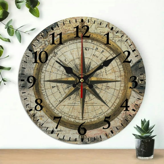 YILUYINQING Compass Map Luminais Theme 10-Inch Round Wooden Wall Clock for Home Decor - Ideal for Living Rooms, Kitchens, Dorms, and Everyday Gifts 10x10in