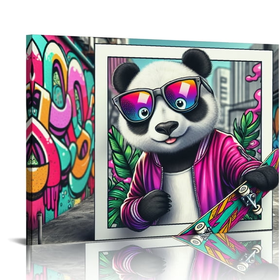 YILUYINQING Cool Panda Skateboarder Graffiti Print on Canvas Wall Decorations for Home Bathroom, Ready to Hang Room Art Decor 20x16in