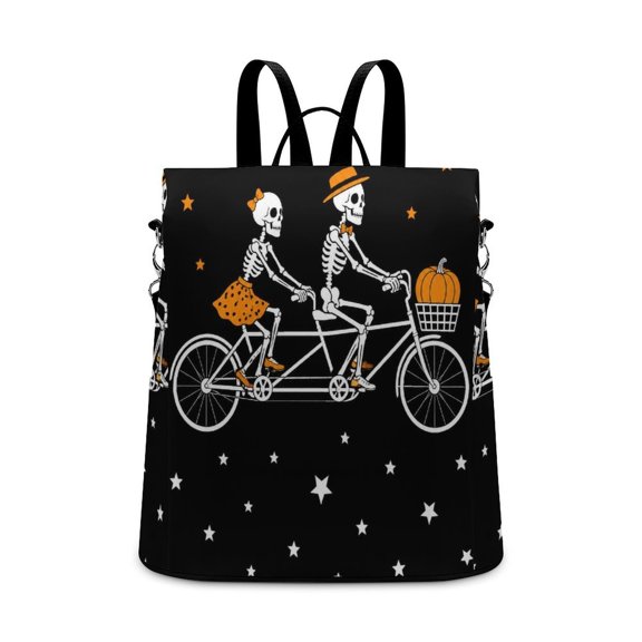 YILUYINQING Couple Skeletons Ride Tandem Bike Pumpkin Star Background Anti Theft Backpack, Purse for Women, Secure Back Zipper, Multi-Purpose Rucksack Backpack With Adjustable Strap, Womens Travel Ba