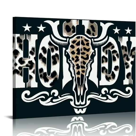 YILUYINQING Cowhide Pattern Steer Skull Western Style Canvas Wall Art Decor Ready to Hang Room Home Art Decor 16x12in