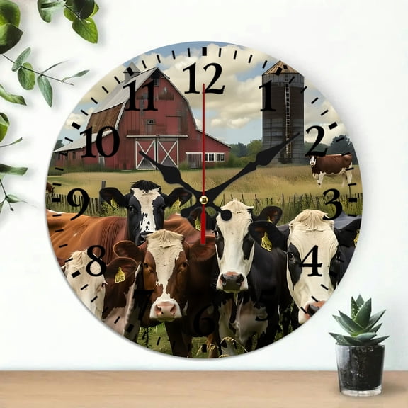 YILUYINQING Cows Barn Rural Round Wooden Wall Clock for Home Decor Living Room Kitchen Dorm Battery Operated 10 Inches 10x10in