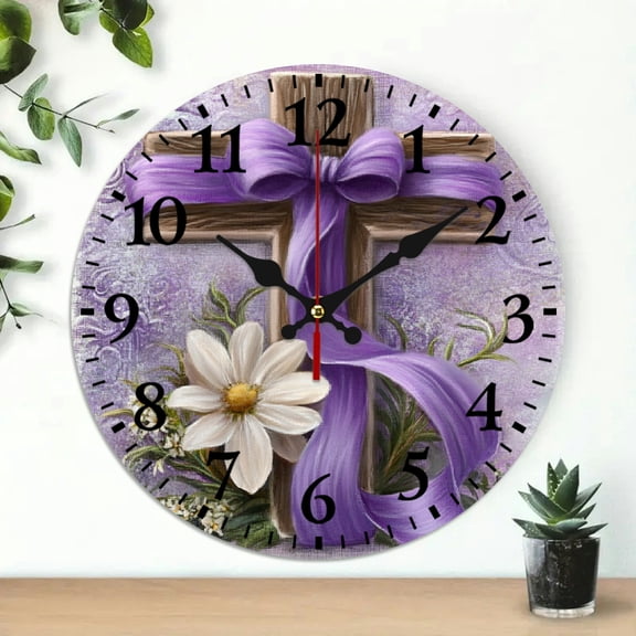 YILUYINQING Cross Purple Ribbon Flowers Wall Clock Silent Mechanical Movement for Living Room Decor, 10 Inches, Easy to Read, Easy to Use 10x10in