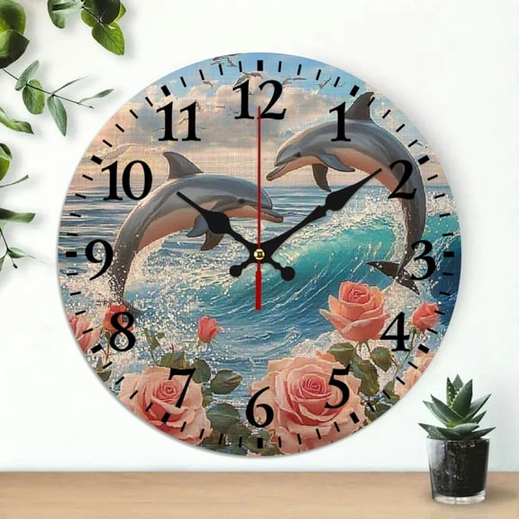 YILUYINQING Dolphins Roses Wave Wooden Wall Clock Silent Mechanical Movement for Living Room Decor, Perfect for Home and Office, 10 Inches 10x10in