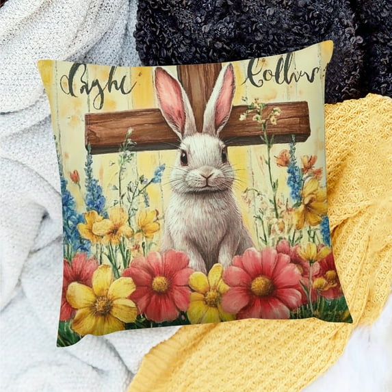 YILUYINQING Easter He is Risen Pillow Covers  Spring Bunny with Cross Throw Pillow Covers Rabbit Colorful Eggs Floral Pillowcase Cushion Case for Sofa Outdoor Patio Garden 18x18in