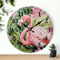 YILUYINQING Flamingo Pink Flowers Round Wooden Wall Clock Battery Operated Silent Mechanical Movement 10 Inches Perfect for Living Rooms Kitchens Dorms Practical Everyday Gifts 10x10in