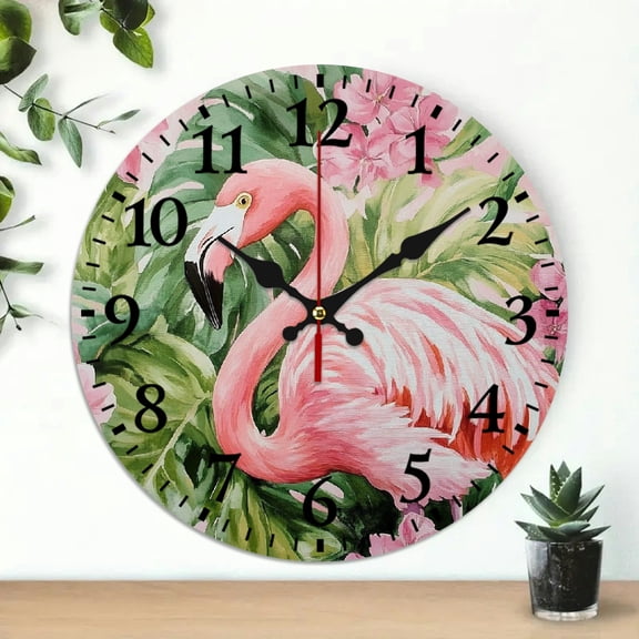 YILUYINQING Flamingo Pink Flowers Round Wooden Wall Clock Battery Operated Silent Mechanical Movement 10 Inches Perfect for Living Rooms Kitchens Dorms Practical Everyday Gifts 10x10in