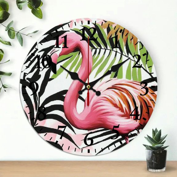 YILUYINQING Flamingo Zebra Print Palm Leaves Theme 10-Inch Round Wooden Wall Clock for Home Decor - Ideal for Living Rooms, Kitchens, Dorms, Everyday Gifts 10x10in