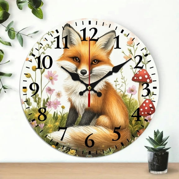 YILUYINQING Fox Flowers Mushrooms Theme Round Wooden Wall Clock, 10 Inch Perfect for Living Rooms, Kitchens, Dorms, Everyday Gifts 10x10in