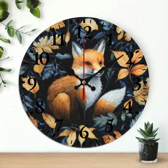 YILUYINQING Fox Leaves Theme Round Wooden Wall Clock for Home Decor 10 Inch Perfect for Living Rooms Kitchens Dorms Practical Everyday Gifts 10x10in