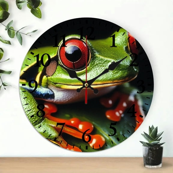 YILUYINQING Frog Leaf Red Eyes Round Wooden Wall Clock Battery Operated, Wall Decor for Living Room, Kitchen, Dorms, Practical Everyday Gifts 10x10in