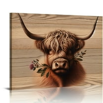 YILUYINQING Highland Cow Flowers Canvas Prints Wall Art Mother's Day Ready To Hang Room Home Decor 16x12in