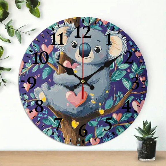 YILUYINQING Koala Tree Hearts Theme Wall Clock, 10-Inch Round Wooden Wall Clock for Living Rooms, Kitchens, Dorms, Everyday Gifts 10x10in