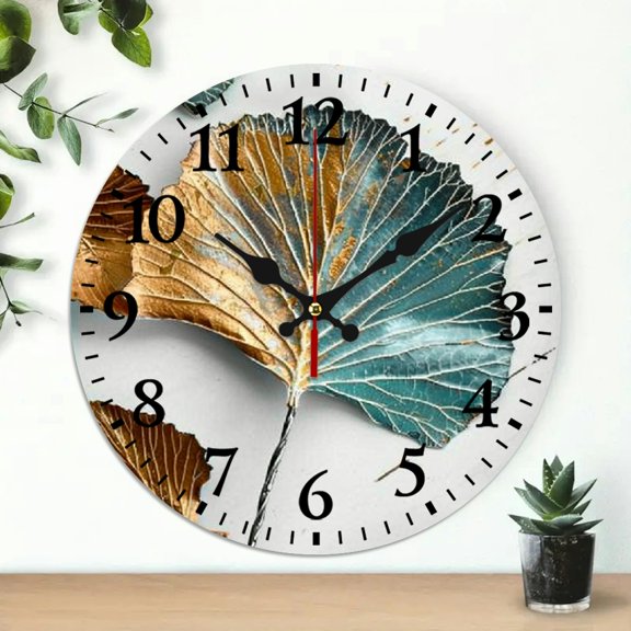 YILUYINQING Leaf Design Fork Round Wooden Wall Clock Battery Operated, Perfect for Living Rooms, Kitchens, Dorms, 10-Inch Screen 10x10in