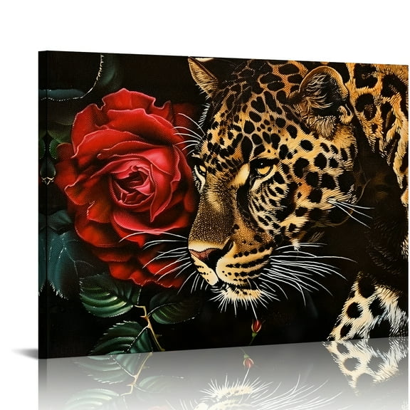 YILUYINQING Leopard Rose Black Background Canvas Wall Art Decor for Home Living Room Bedroom Kitchen Bathroom Office 16x12in