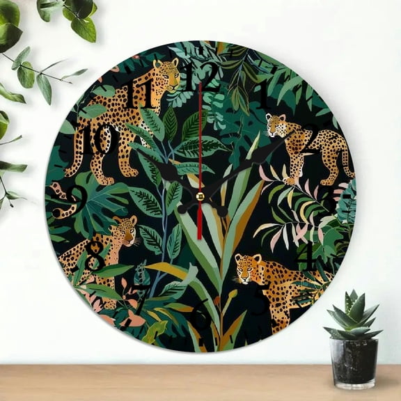 YILUYINQING Leopards Plants Jungle Theme 10-Inch Wooden Wall Clock for Living Rooms, Kitchens, Dorms - Practical Everyday Gift 10x10in